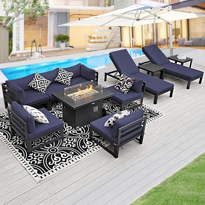 BULEXYARD 11 Pcs Oversized Contemporary Aluminum Patio Furniture Set, All Weather Modular Sectional Sofa with Tanning Chair & Fireplace, 500 lbs Heavy Duty Comfy Outdoor Couch for Beach, Dark Blue