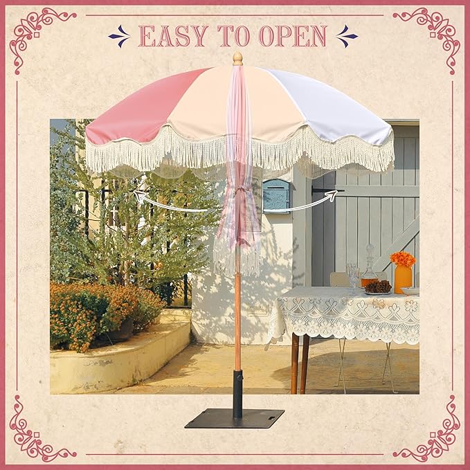 LAGarden Fringe Patio Umbrella with Carry Bag & Cover Vintage Wood for Event Outdoor Garden Yard Wedding Bistro Table