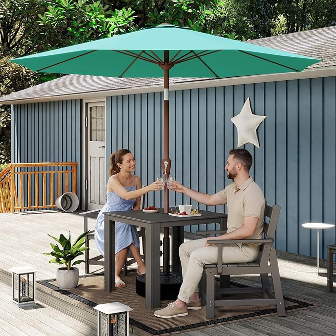 BRIOPAWS 9FT Patio Umbrella with Base Included | Outdoor Table Umbrellas | Push Button Tilt & Crank | 8 Sturdy Fiberglass Ribs | Waterproof | Heavy Duty for Garden Lawn DeckBackyard & Pool