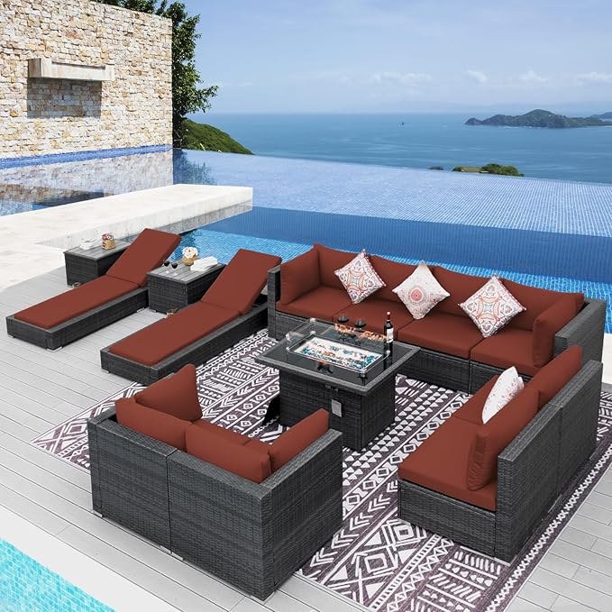 NICESOUL 13 Piece Outside Patio Set with Fire Pit Table, Non-Fading All Weather Deck Furniture Sets with Sun Loungers, Comfy Big Exterior Seat 10-Seater for Garden, Grey Wicker & Burgundy Cushion