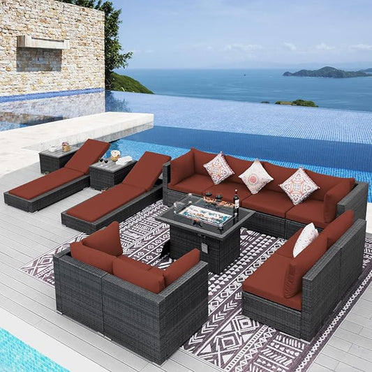 NICESOUL 13 Piece Outdoor Seating with Fire Pit Table, High-End Wicker Patio Furniture Set with Chaise Lounge, Comfy 29.3'' High Back Deep Sectional Sofa, All-Weather Backyard Sitting, Grey & Red