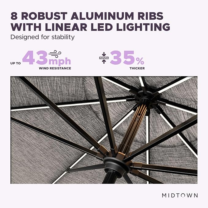 Midtown Umbrellas The LED Swilt 10 Feet Patio Umbrella With Terylast Greige Polyester Fabric - Auto-Tilt Aluminum Frame With LED Lights For Backyard, Deck, Garden, Pool - Black Pole