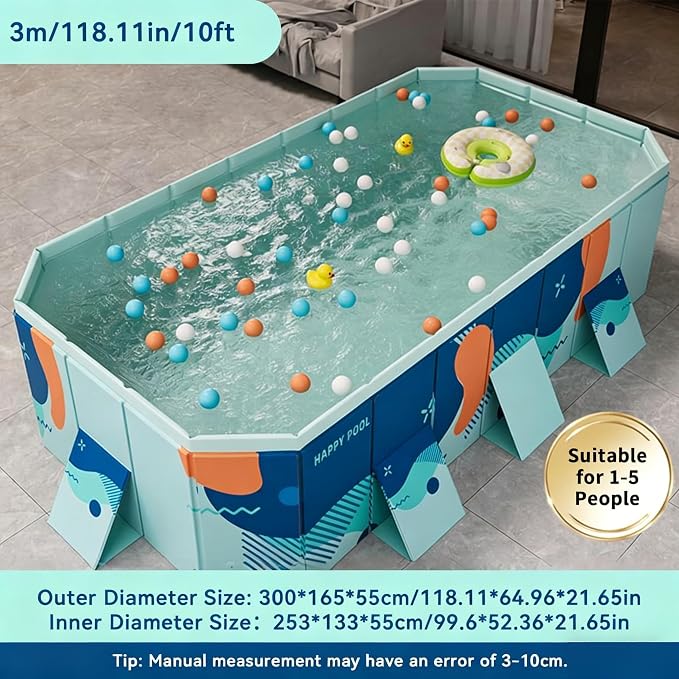 Foldable Swimming Pool, Rectangular Above Ground Swimming Pool for Outdoor Family Square Pool with Drain Plug and Drain Hole, Easy to Assemble Pool for Kids, Pets and Dogs(116" L x 65" W)