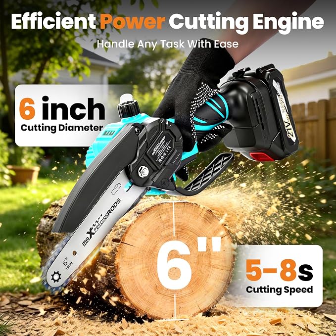 maXpeedingrods Mini Chainsaw Cordless, 6 inch Chainsaw Handheld Power Chain Saws with 2 Batteries, 3 x Durable Chains, Electric Chainsaw Lightweight Handheld Saw for Tree Trimming, Wood Cutting, Blue