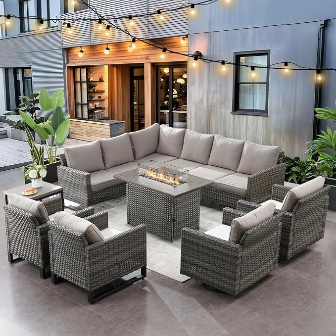 HUMMUH 8 Piece Patio Furniture with Fire Pit,PE Wicker Outdoor Conversation Sets-6-Seater Sofa,Patio Swivel Chairs Outdoor Chairs, Propane Fire Pit,Side Table for Porch,Garden,Backyard