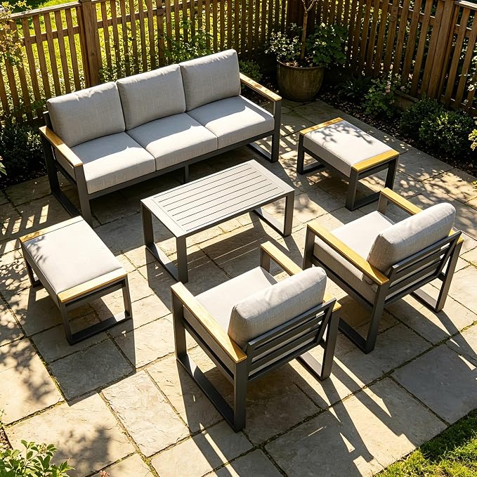 Modern Aluminum Patio Chair Set - All-Weather Metal Outdoor Furniture with Thick Washable Cushions - Includes 3-Seat Sofa and Coffee Table - Ideal for Balcony, Garden, Deck, Backyard - Gray