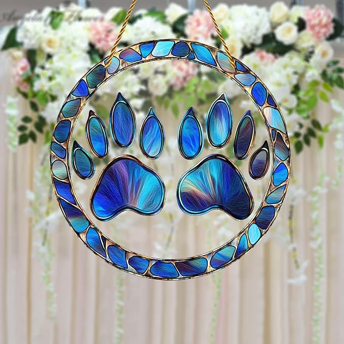 8x8 inch Charming Dog Paw Print Acrylic Stained Glass Window Hanging Sun Catcher Decor Stained Panel Hangings Wall Art Decor, for Friends and Family (Paw Print)