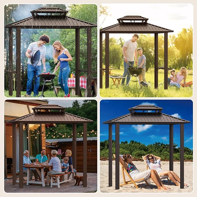 Hoteel 6x8ft Hardtop Grill Gazebo, Outdoor Patio Aluminum Frame Barbecue Gazebo with Galvanized Steel Double Roof and 2 Side Shelves for Deck Lawn Backyard Garden and Party, Brown(2026 Version)