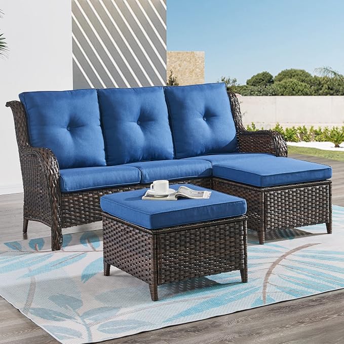 HUMMUH 6 Piece Patio Furniture Set PE Wicker Rattan 3-Seat Outdoor Sectional Sofa with Love Seats,Patio Swivel Chairs,Ottomans Conversation Sets for Garden, Poolside, Backyard