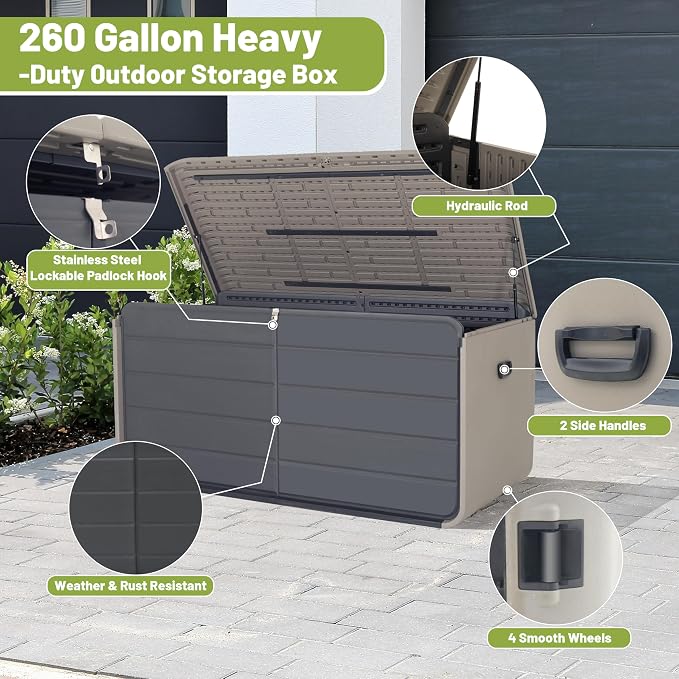 260 Gallon Large Plastic Deck Box, Waterproof Patio Outdoor Storage Box