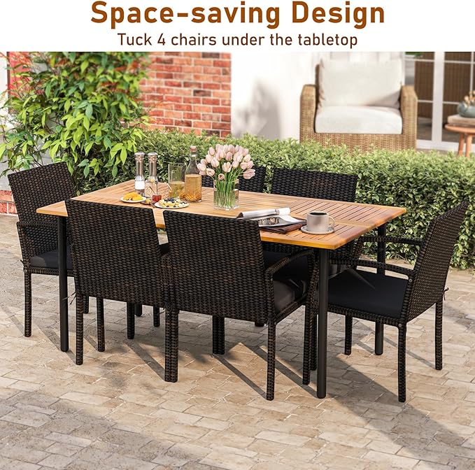 Tangkula 7 Pieces Outdoor Dining Set, Patio Acacia Wood Table and PE Rattan Chairs with Soft Cushions and 2” Umbrella Hole for Deck, Garden and Backyard