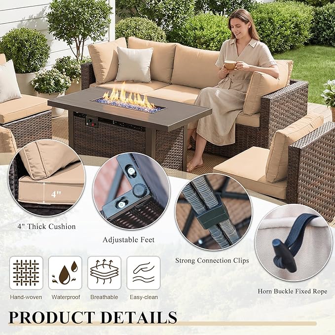 7 Pieces Patio Furniture Set with 44" Fire Pit Table, Rattan Outdoor Sectional Conversation Sets, All Weather Outdoor Furniture Set with Cushions for Garden Lawn Balcony Porch Deck Beige