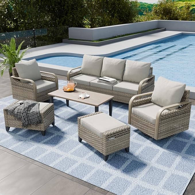 COOS BAY Modern Wicker Outdoor Furniture Set, 6 Piece Patio Conversation Set with 2 Swivel Rockers, a 3 Seat Couch, 2 Ottomans and Coffee Table, 6 Piece, Brown/Gray