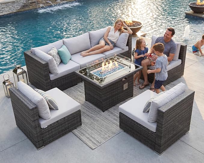 BULEXYARD 7 Piece High Back Outdoor Furniture Set with Fire Pit, Durable All Weather Wicker Patio Couch Sofa Set, Large Size Modular 6-Seater Sectional Backyard Seating Wide Deep for Lawn, Light Grey