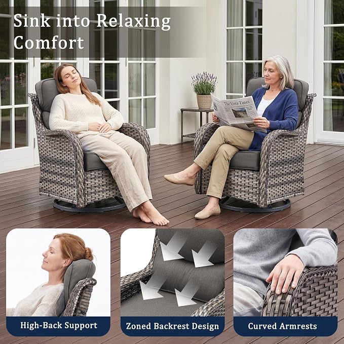 Luxury 6" Thick Cushion 9 Pieces Wicker Patio Furniture Set with 41”Fire Table, Outdoor Conversation Set with Patio Couch and Swivel Rocker Chairs for Deck Porch Yard and Poolside