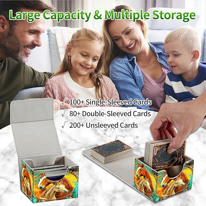 Card Deck Box for MTG, Cards Storage Box Fits 120+ Sleeved, Leather Small Size Strong Magnetic Closing Card Case for Board Games Magic TCG Baseball Collection, Two Horses Paving Dream Net