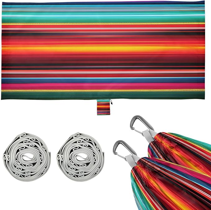 Mexican Serape Blanket Stripes Camping Hammock, Portable Lightweight Single Hammock with Tree Straps and Aluminum Carabiners, 114" x 54" Travel Hammock for Hiking Backpacking Beach