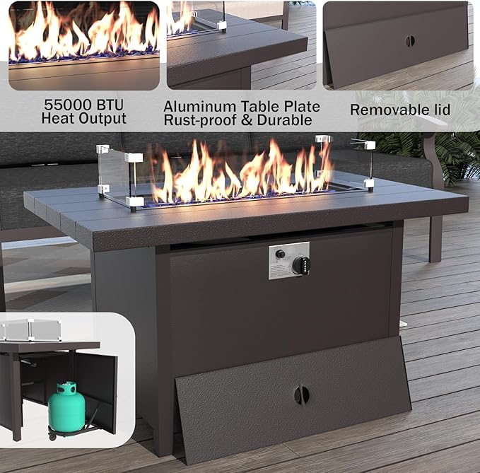 ALAULM Aluminum Patio Furniture Set with Propane Fire Pit Table - 10-seat Metal Outdoor Furniture w/Fire Pit Patio Sectional w/5.1" Cushions for Backyard, Poolside - Black