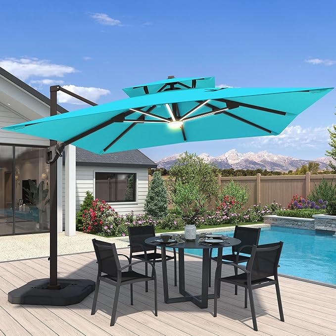 10x10 FT Cantilever Patio Umbrella with Base and Led Lights Double Top Outdoor Square Large Heavy Duty Aluminum Offset Umbrellas with 7 Level Tilt 360-degree Rotation for Pool Garden Deck, Turquoise