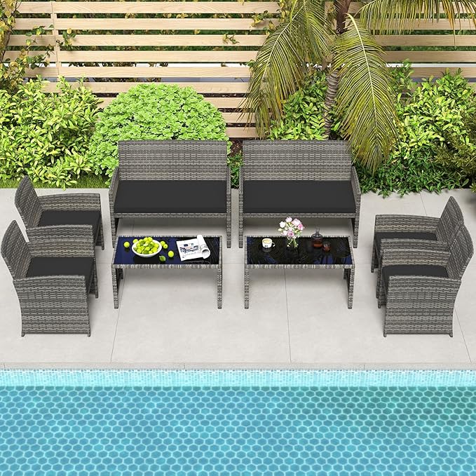 HAPPYGRILL 8 Piece Rattan Wicker Patio Conversation Set, Outdoor Furniture with Chair Loveseat Table & Cushion, for Backyard Porch Balcony (2, Black)