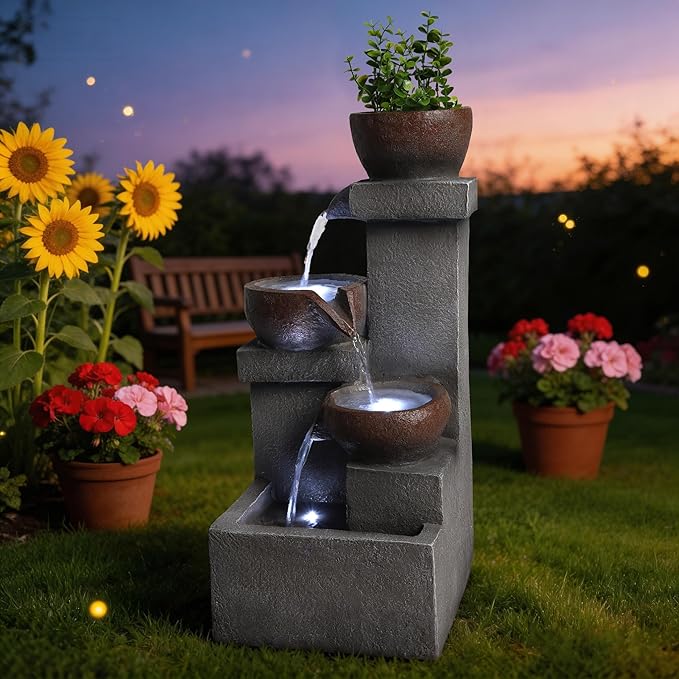 Water Fountain Outdoor 24" Resin Stone Cascade Water Feature, Soothing Waterfall for Yard Patio Lawn Porch, for Housewarming & Garden Lovers