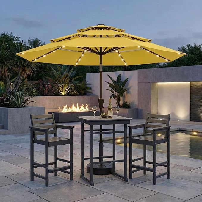 Kingdura 10ft 3-Tier Patio Umbrella with Solar Lights, Table Umbrella Outdoor Patio with Easy Crank & Tilt, 8 Sturdy Ribs, UV Protection, 32 LED Lights for Deck, Poolside, Market (Yellow)