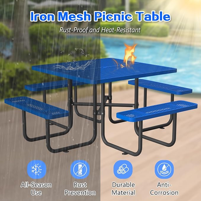 Square Outdoor Metal Coffee Picnic Table for Patio, Backyard, Garden and DIY (Includes 4 Built-in Benches) - Blue