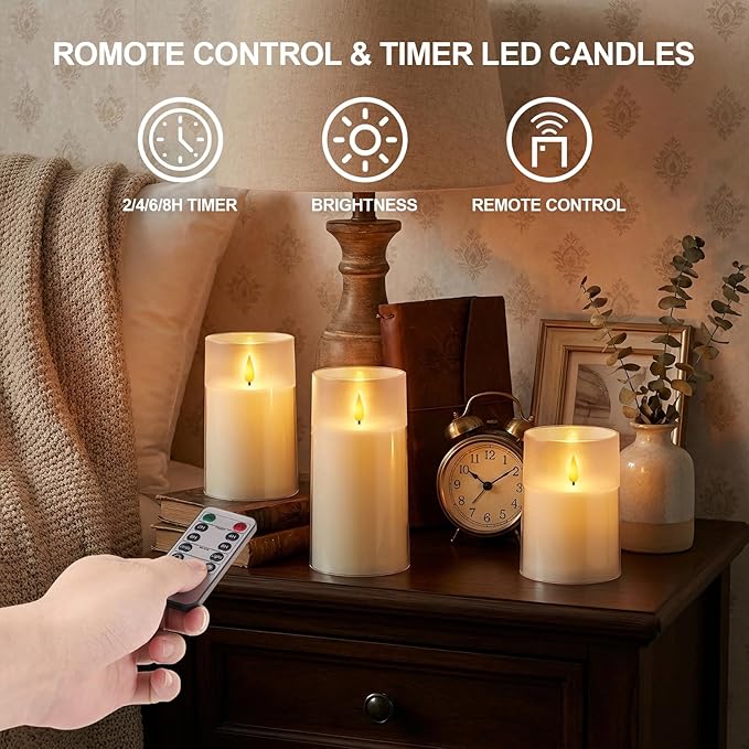 Homemory 3"×4" 5" 6" Battery Candles with Remote & Timer, Ivory Acrylic Realistic Flickering LED Pillar Candles, Waterproof Fake Candle for Home and Lantern Decor, Set of 3