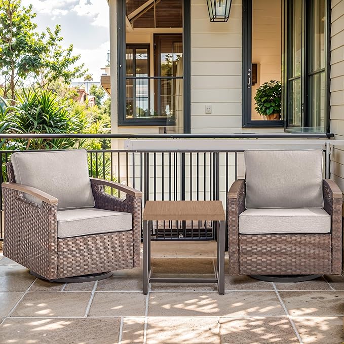 Luxury Outdoor Swivel Rocker Patio Chairs with Metal Side Table - Heavy Duty 3 Piece Patio Furniture Set All Weather Wicker Glider Set with Thick Cushion for Porch, Poolside and Deck - Beige