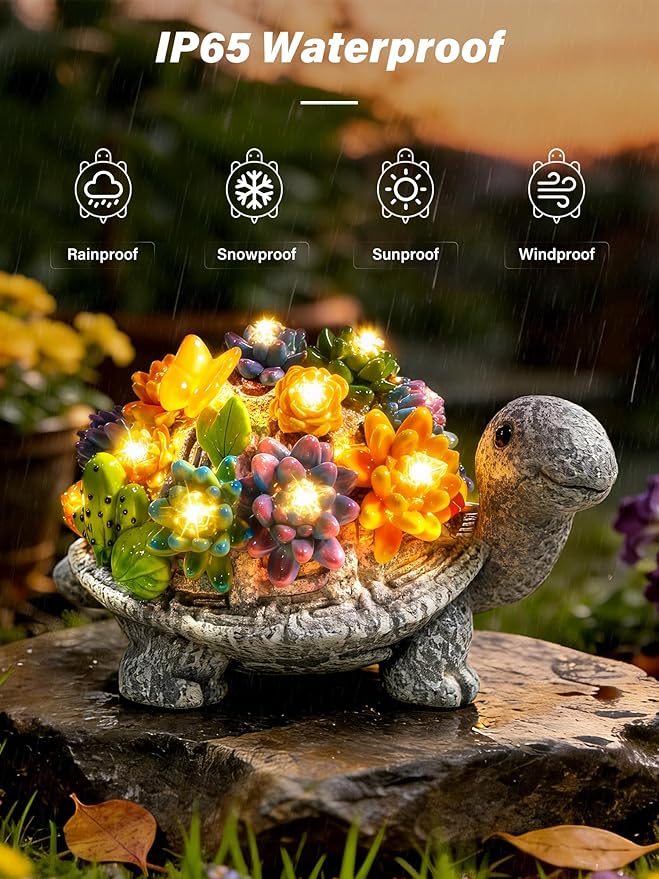 Guhope Solar Garden Statues, Outdoor Solar Turtle Decor with Succulent and 8 LED Lights, Outside Yard Figurine Decor for Garden, Lawn, Patio, Balcony, Porch, Unique Gifts for Mom Grandma