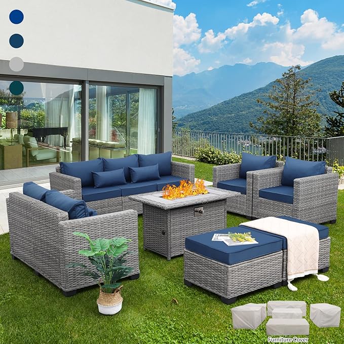 Rattaner Patio Furniture Set with 45-Inch Fire Pit 7-Piece Outdoor Furniture Sets Patio Couch Outdoor Chairs 60000 BTU Propane Fire Pit Table Non-Slip Cushions and Waterproof Covers, Navy Blue