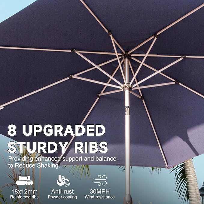 Domi 10FT Patio Umbrella Outdoor Market Umbrella with Silver Aluminum Pole, UV Resistant Canopy, Wind Vent, Tilt & Crank System, Perfect for Patio, Garden, Deck, Pool, Outdoor Dining, Navy Blue