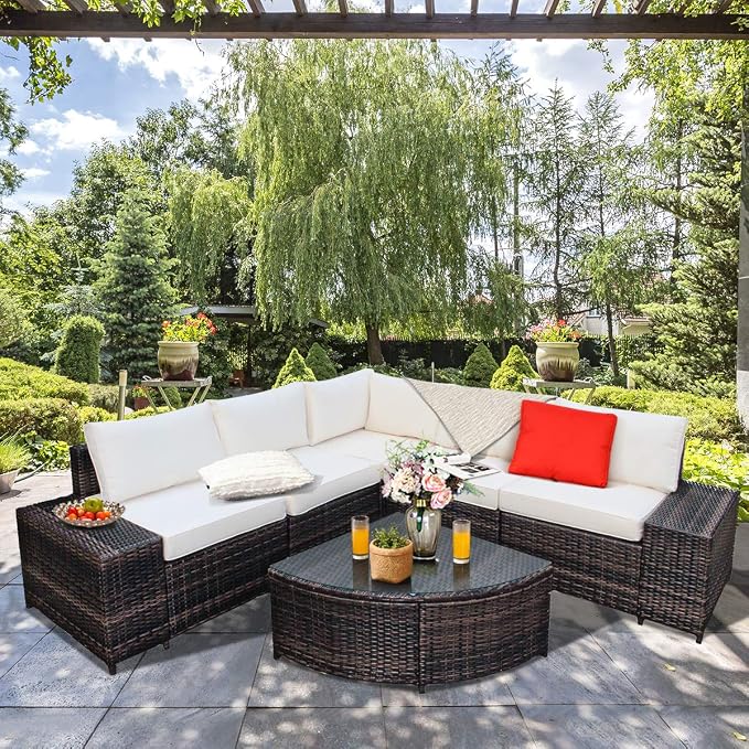 Tangkula 6 Piece Wicker Patio Furniture Set, Outdoor All Weather PE Rattan Conversation Set w/Tempered Glass Coffee Table, Sectional Sofa Set w/Comfortable Cushions for Backyard, Garden (White)