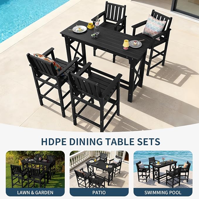 5-Piece Outdoor Bar Table and Chairs Set, HDPE Counter Height Patio Dining Table with 4 Adirondack Bar Chairs, Adirondack Bar Height Chairs and Bar Table for Bistro, Poolside, Backyard, Black