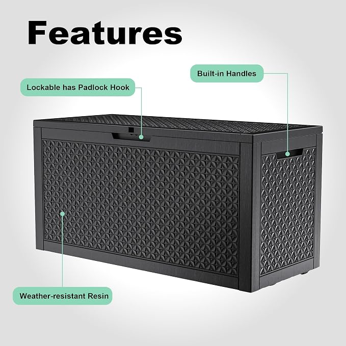 110 Gallon Waterproof Resin Outdoor Storage Box, Multifunctional Patio Deck Box, Weatherproof Outdoor Bin for Garden, Pool, Backyard & Porch Furniture Tools (Black, 110 Gallon)