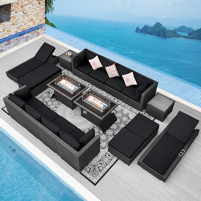 NICESOUL 18 Piece Outdoor Sectional with Chaise Lounge and Firepit, Extra Large 14-Person Patio Furniture with Fireplace and Lounger, Non Fading All Weather Outdoor Sofa Conversation Couch, Grey&Black