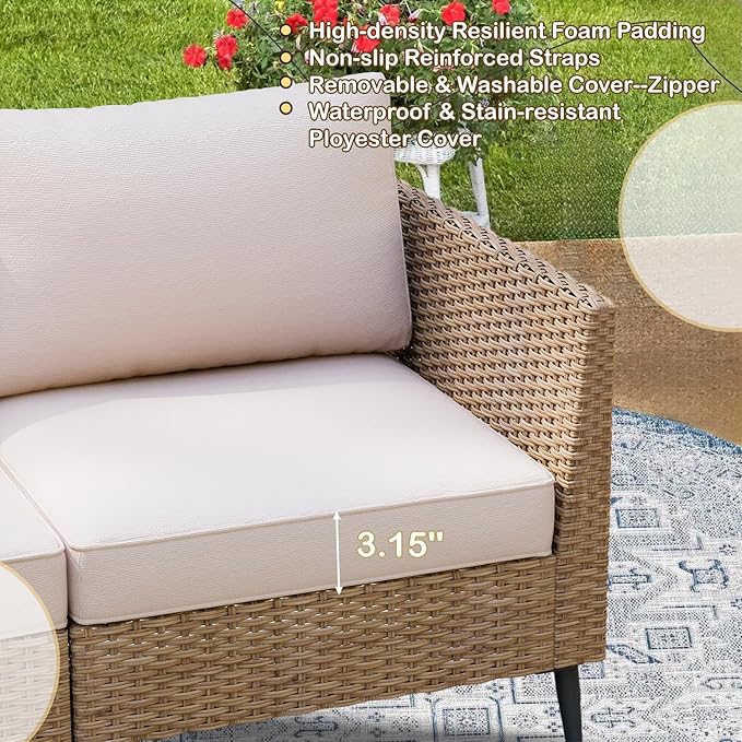 Outdoor Patio Furniture Set, 7 Piece Outdoor Sectional Sofa Wicker Patio Conversation Couch Set, All Weather PE Rattan Sofa with Table and Cushions for Garden, Poolside, Backyard (Beige)