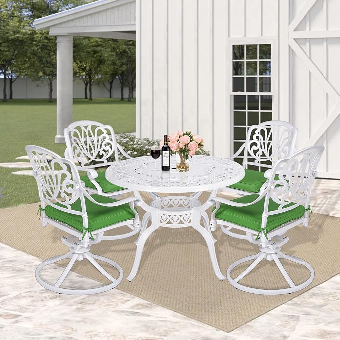 5 Piece Patio Dining Set, Outdoor Table and Chairs Set for 4 Cushioned Swivel Rocking Chairs and 38.5'' Round Table, All-Weather Cast Aluminum Patio Funiture Set, 2'' Umbrella Hole, White
