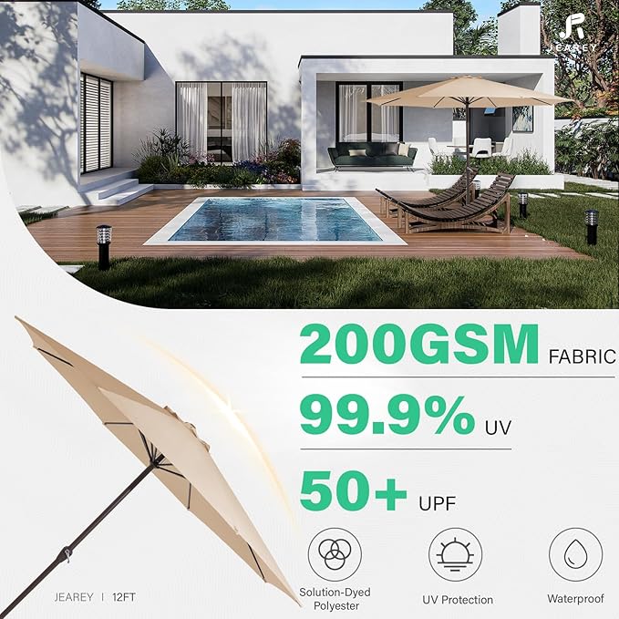 JEAREY 12' Patio Umbrellas Outdoor Table Market Umbrella w/Crank, 8 Sturdy Ribs, UV Protection Windproof for Garden, Deck, Backyard, Pool(Beige)
