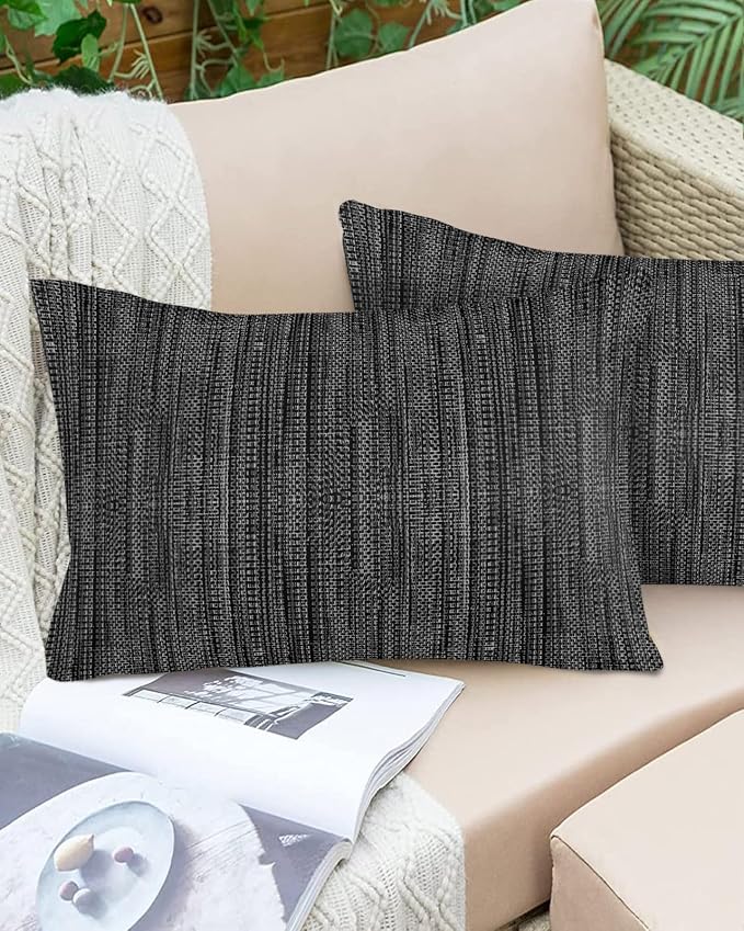 Outdoor Waterproof Throw Pillows 12x20in, Minimalist Obsidian Black Patio Pillows Pack of 2,Decorative Pillow Covers with Insert,Pillow Cushion Case for Garden Couch Sofa Vintage Linen Weave Textured