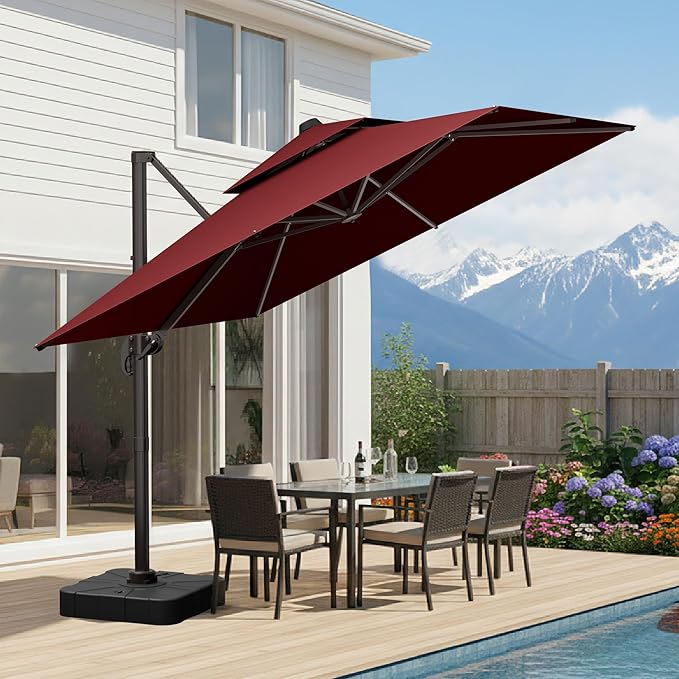 10x10 FT Patio Umbrella, Large Cantilever Double Top Heavy Duty Offset Umbrellas with 360° Rotation, Outdoor shade for Garden Deck Pool, Red