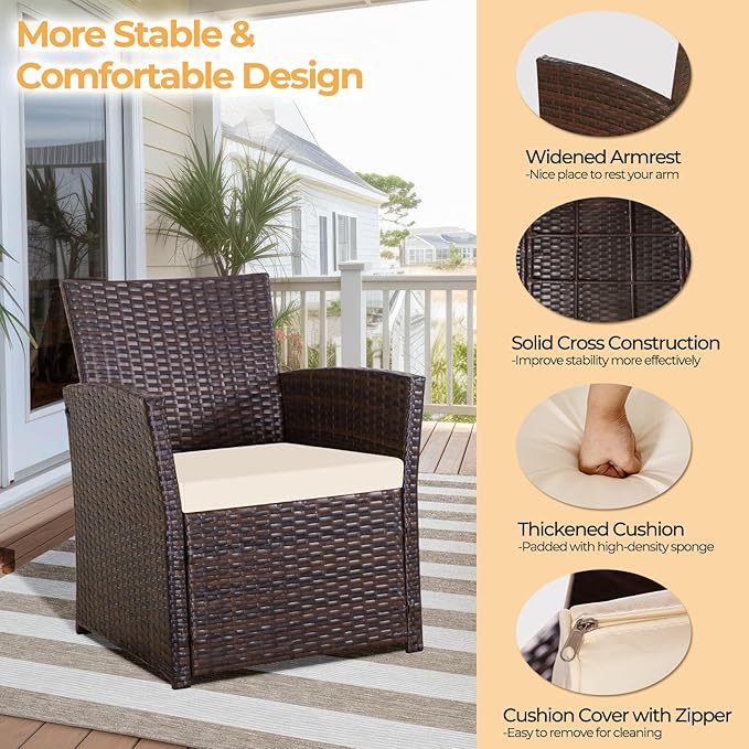 FHFO 4 Piece Outdoor Patio Furniture Sets, Wicker Conversation Sectional Set, Rattan Chairs with Table and Loveseat for Balcony Porch Backyard (Brown-Beige)
