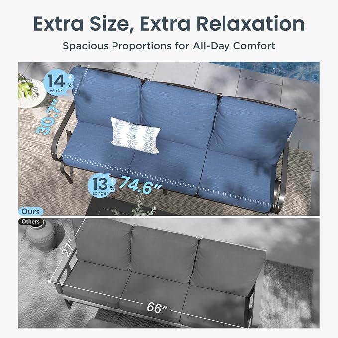 PHI VILLA Patio Furniture Set, 1 Loveseat, 3-Seater Sofa, 2 Swivel Chairs and a Coffee Table, Outdoor Metal Conversation Set with 5.75" Extra Thick Cushion for Garden Backyard Deck, Navy