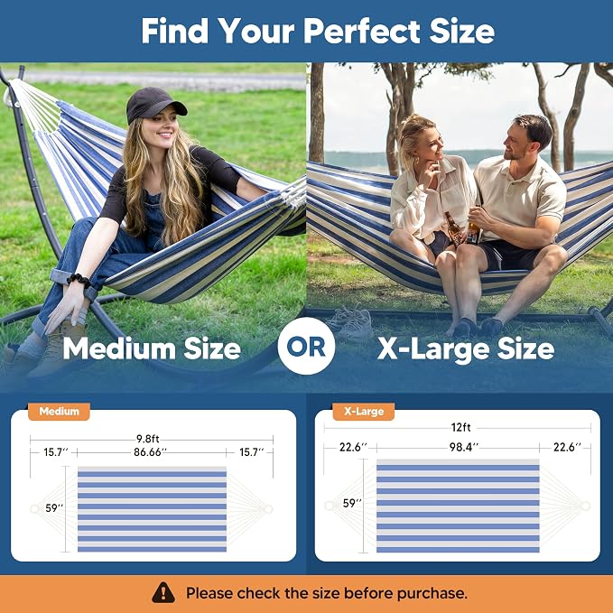SUNCREAT Large Hammocks for Outside, Long Replacement Hammock Two Person for Stand, Blue White Stripes