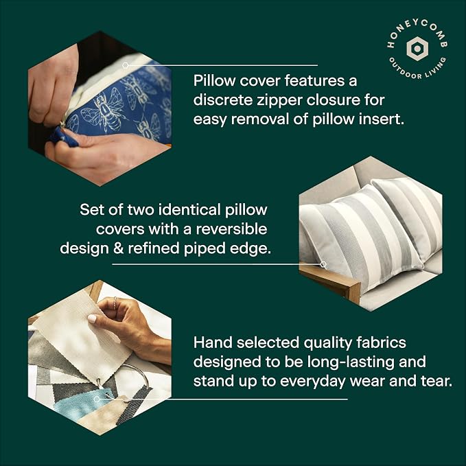 Honeycomb Outdoor Square Toss Pillow Covers, 18 x 18, 2-Pack | Courtyard Geo Almond Slipcovers, Water & Fade Resistant for Patio Furniture Set, Cover Only, No Insert