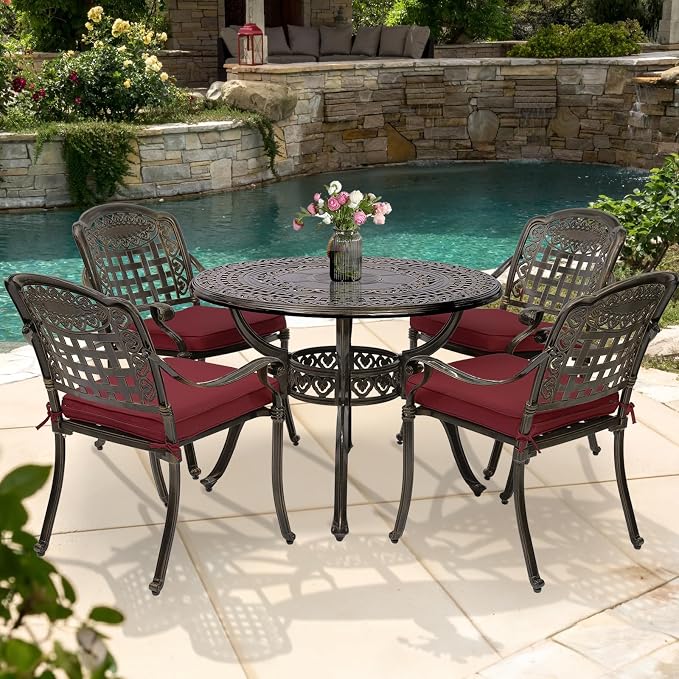 5-Piece Outdoor Patio Dining Set, All-Weather Cast Aluminum Patio Furniture Set for Backyard Garden Deck with 4 Chairs, 4 Cushions and 38.5" Round Table, 2" Umbrella Hole, Red