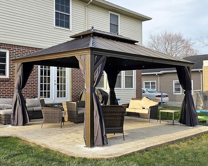PURPLE LEAF Hardtop Gazebo 12' X 16' Metal Roof with Netting and Curtains Hard Top Backyard Patio Gazebos Permanent Canopy Deck Garden Hot Tub Outdoor Pavilion