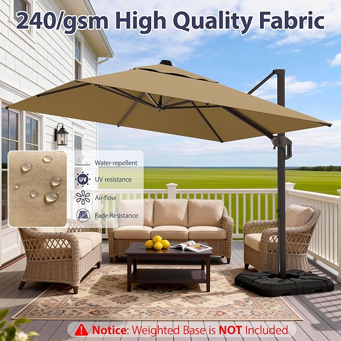 10' X 10' Patio Umbrella Cantilever Outdoor Rectangle Umbrella, Heavy Duty 360°Rotation Offset Umbrella for Garden Deck Pool Patio, Brown