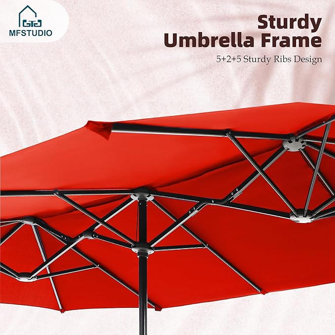 MFSTUDIO 13ft Outdoor Patio Umbrella, Double Sided Large Rectangular Umbrella Market Table Twin Triple Rectangle Umbrellas with Crank Handle for Outside Picnic Backyard Deck Pool (no base)