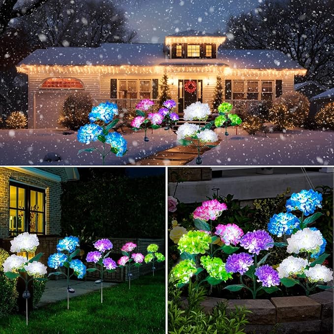 Aolyty Solar Garden Lights Outdoor, Solar Hydrangea Lights IP65 Waterproof LED Flowers Stake Lights 2 Pack for Garden Pathway Patio Backyard Landscape Decorative (White)